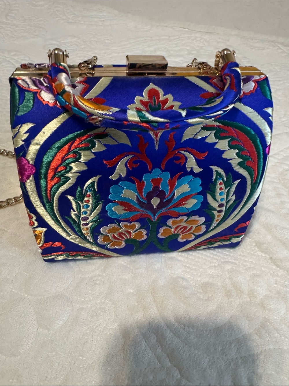 Nina Royal Blue Floral Embroidered Top-Handle Clutch with Chain